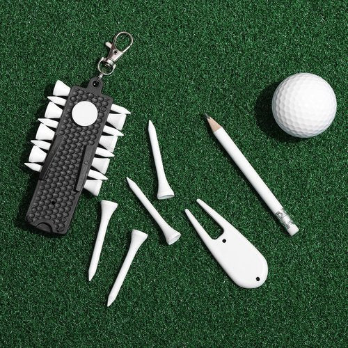 Jecten 3-in-1 Golf Tee Holder for Bag, Golf Tee Carrier with 12 Tees 1 Golf Divot Repair Tool 1 Marking Pencil Keychain Golf Accessory Premium Golf Gift Set