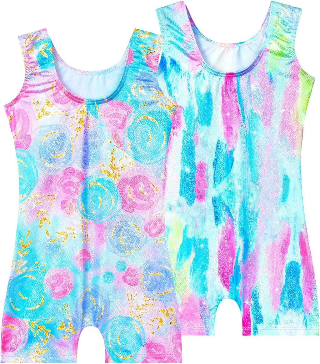 Skiennix Girls' Sparkly Gymnastics Leotard - 2 Pack Sleeveless Tumbling Unitards with Shorts