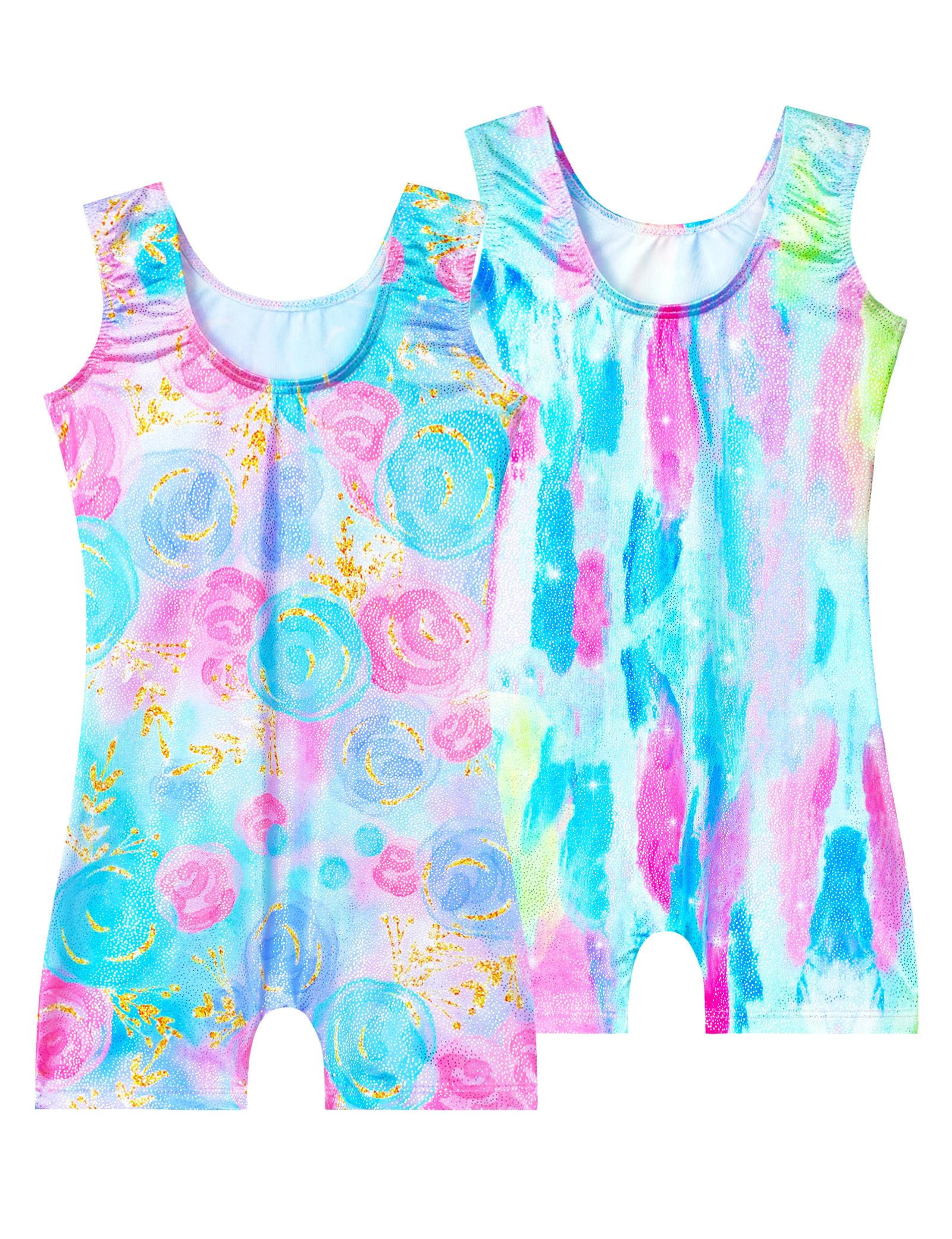 Nokecina Girls Leotards for Gymnastics Size 6-7 Years Old Shorts Blue Rose Flowers Biketards Unitards Two Pack with Shorts