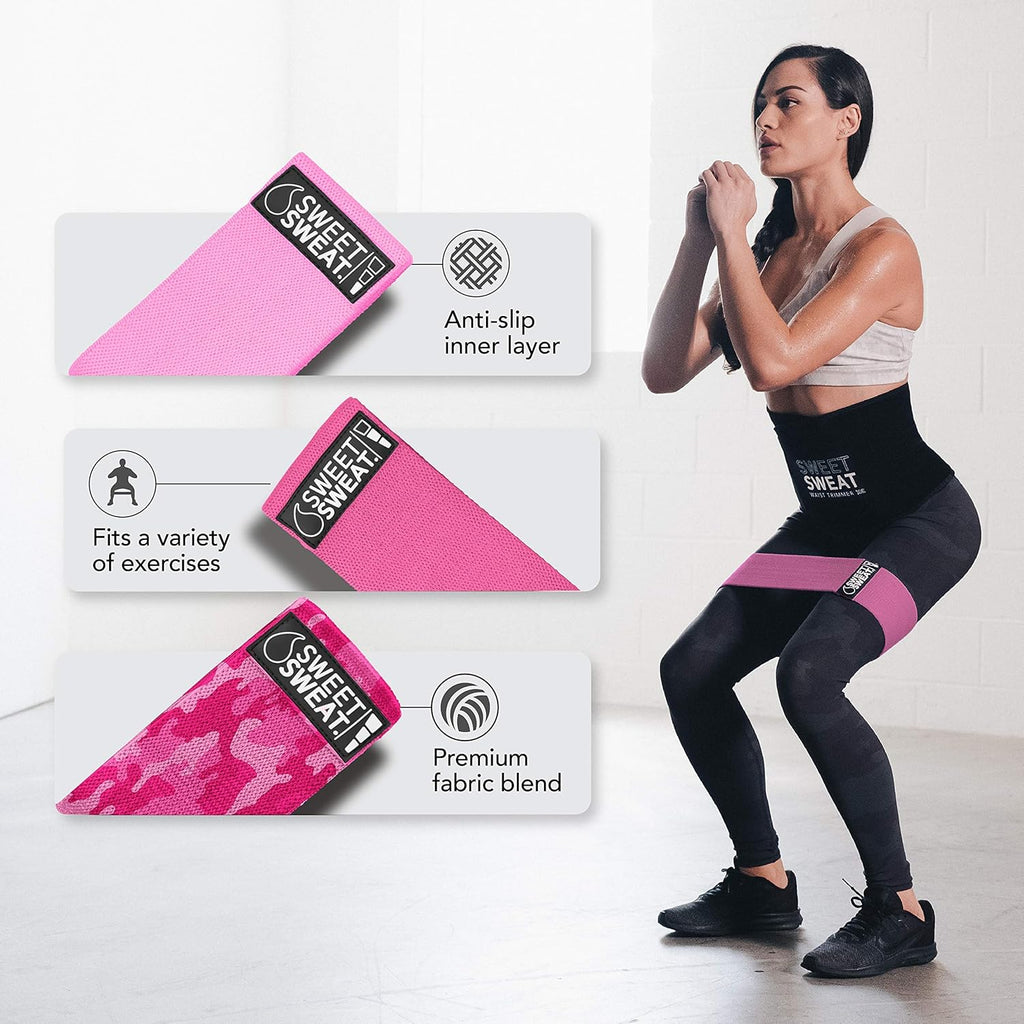 Sweet Sweat Hip Bands - Non-Slip Fabric Booty Bands with 3 Resistance Levels | Includes Free Mesh Bag