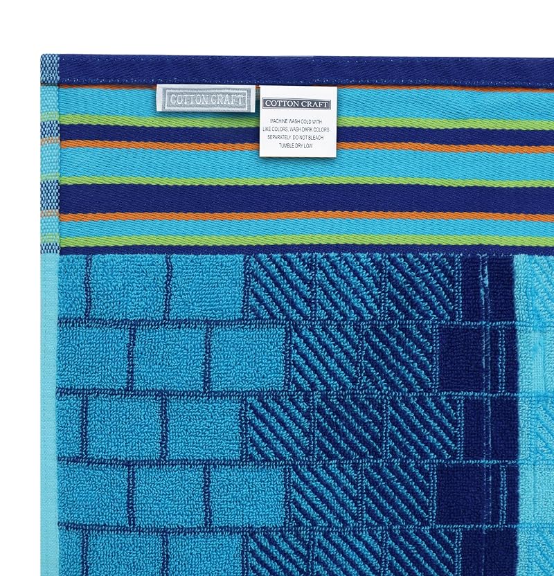 Hooded Beach Towel 39x68 Oversized 100% Cotton - Blue Tiles (1 Pack)