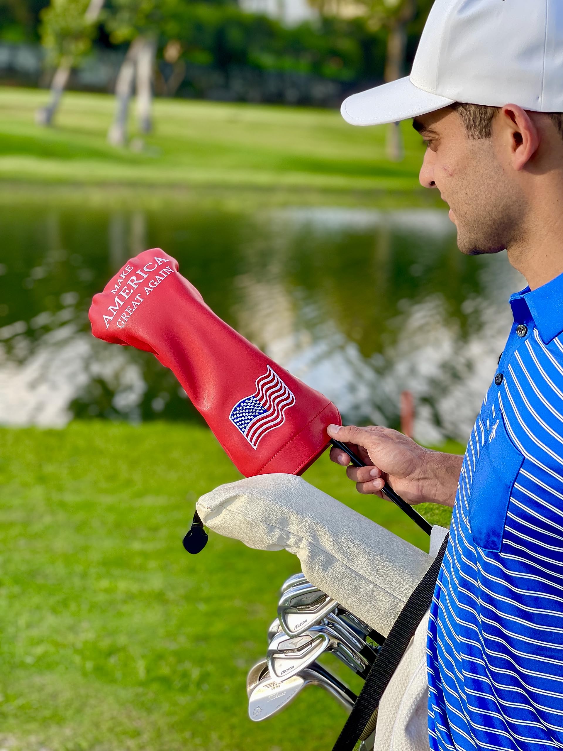 Wolph USA Driver Head Cover – Premium Leather, Iconic Red MAGA Hat Style – Trump-Inspired Funny Headcover – Trump Golf Accessories & Gift for Men and Women – Customize Your Bag.