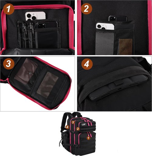 LHI Military Tactical Backpack - 45L Assault Pack with Molle System | Black with Red Zipper