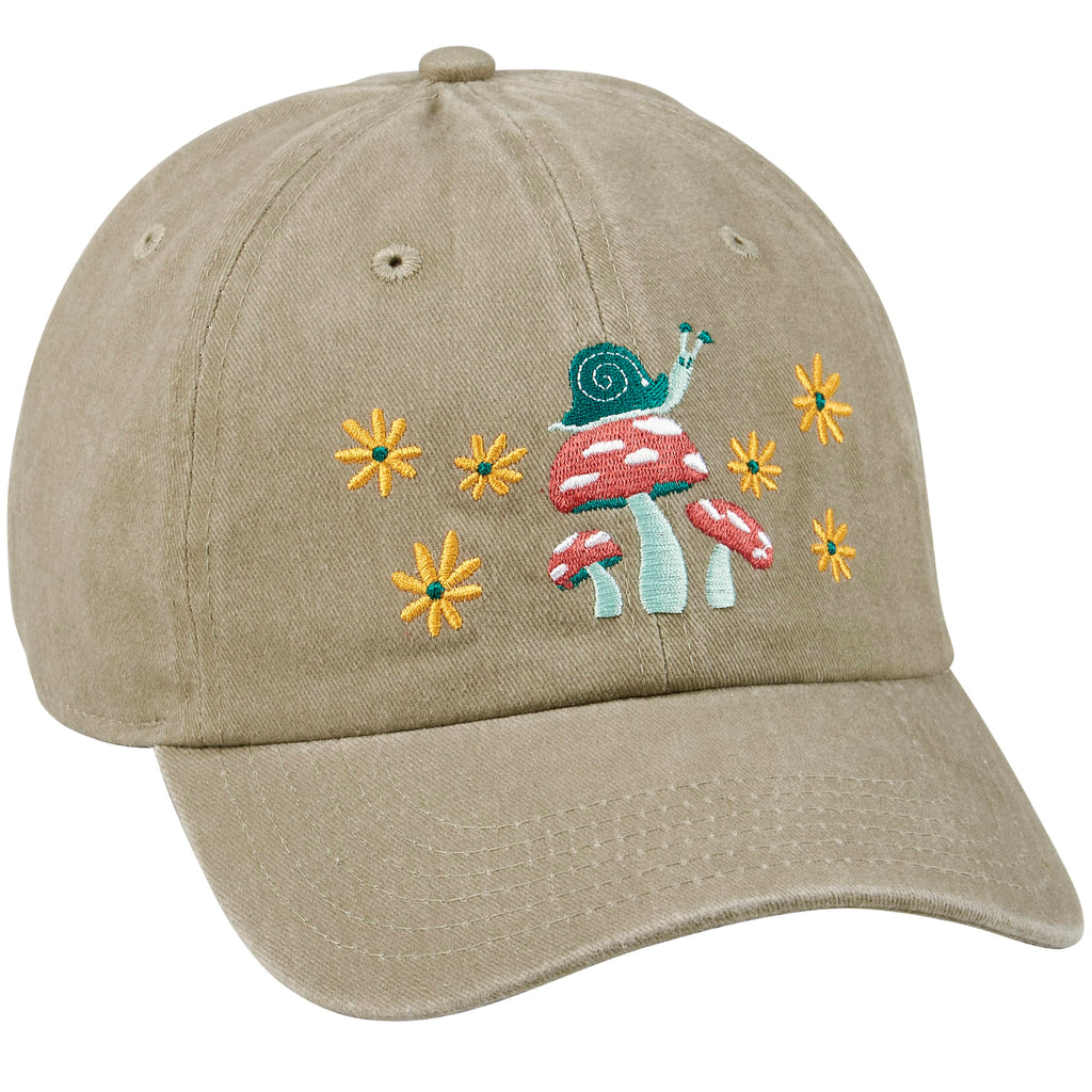 Primitives by Kathy Baseball Cap, Mushrooms Full Color Design, Stonewashed Khaki, Adjustable fit Metal Buckle