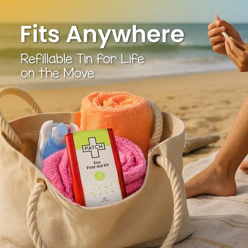 Patch Eco First Aid Kit, Assorted Hypoallergenic Adhesive Sizes Large and Small Bandages for Sensitive Skin, Essential Medical Supplies in a Reusable Tin, Latex Free, Sensitive Skin Bandages, 77 ct
