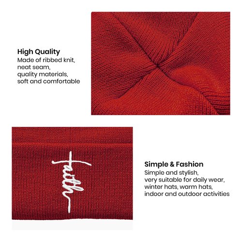 Faith Embroidered Beanie Jesus Knit Hat Winter Skull Cap, Christian Beanie for Men Women,Red