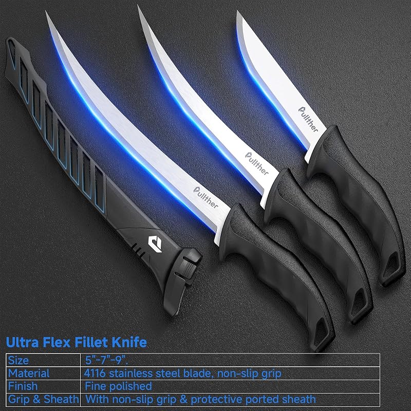 3pc Fillet Knife Set for Fish – 5" Bait Knife, 7" & 9" Fillet Knives with Sheaths - Variation of THIS listing