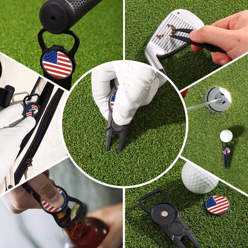 FINGER TEN Golf Divot Repair Tool and Ball Marker 7-in-1 Value 2 Pack, Premium Leather Grip Tools with Belt Clip, Club Tee, Club Groove Cleaner, Bottle Opener, Putting Alignment Guide (Black)
