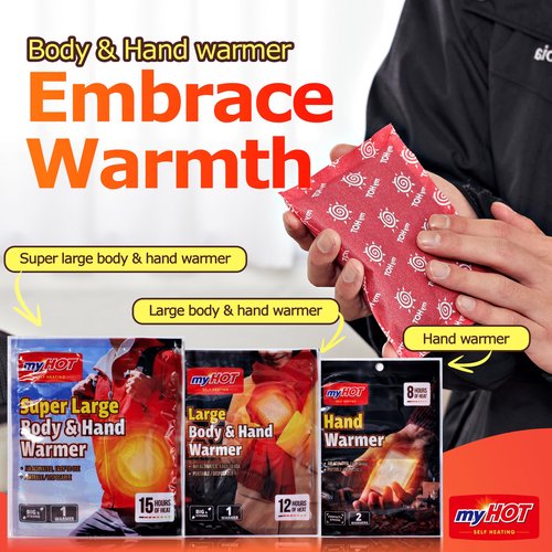 myHOT Long Lasting Hand Warmers & Body Heat Packs - Large Size (30 Count Bulk) - Up to 15 Hour Disposable Air-Activated Warmers for Cold Weather, Camping & Skiing - Made in Korea,
