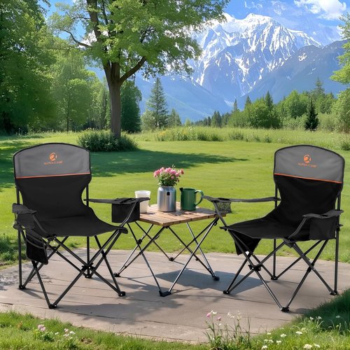 LET'S CAMP Folding Camping Chair 2-Pack - Portable Lawn Chairs with Cooler Bag & Cup Holder | Supports 350LBS (Black)