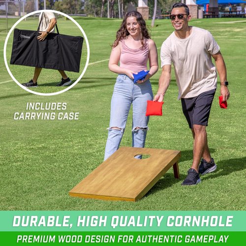 GoSports Wooden Cornhole Boards Set - 4 ft x 2 ft Regulation Size with Light Brown Finish & Carrying Case