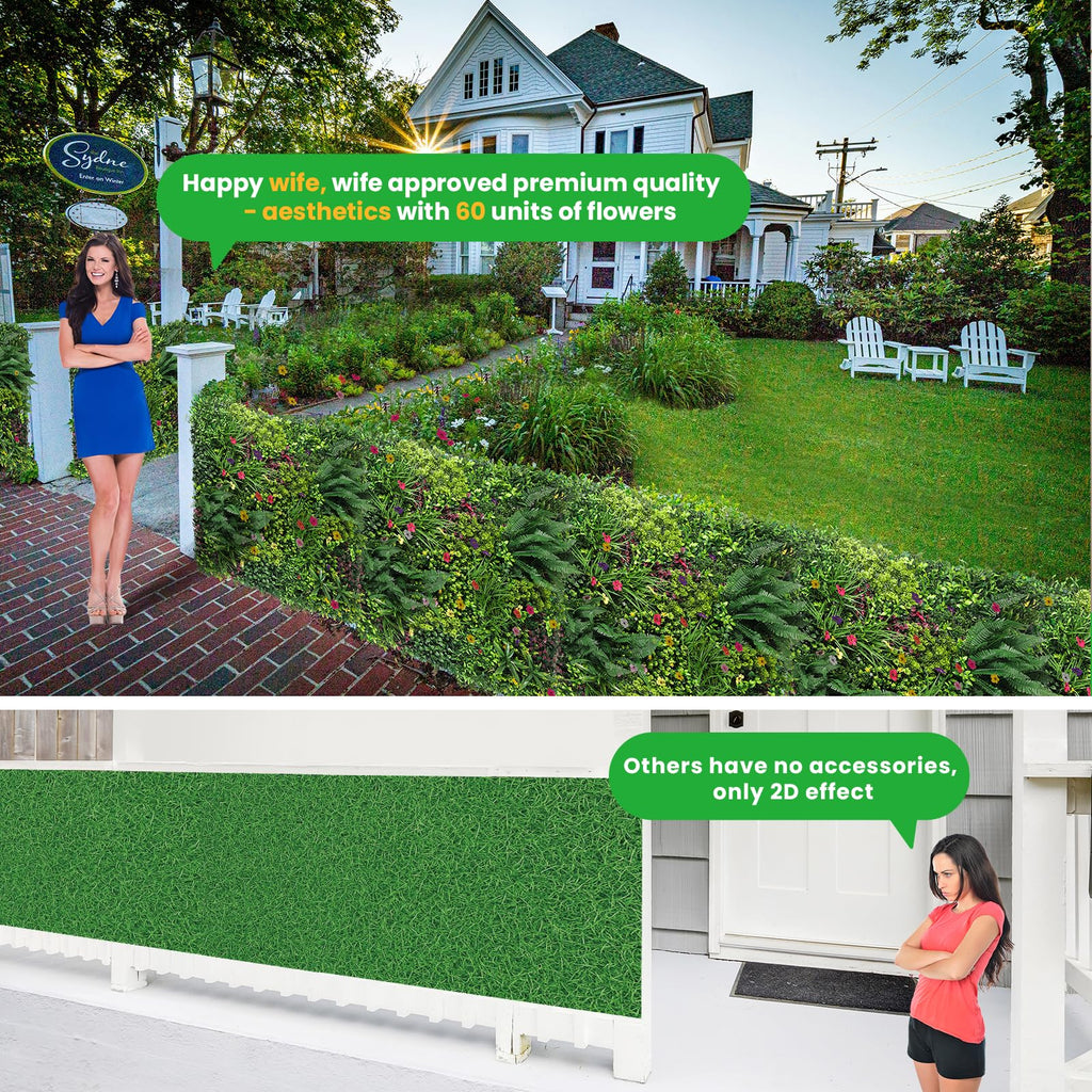 STURDON Artificial Grass Wall Panels for Indoor Outdoor, 40"x40" (11.09 Sq.Ft), 3D Boxwood Panels, Greenery Wall Backdrop for Home Living & Wedding Event Decor with DIY 60 PCS Flower,100 PCS Zip Ties