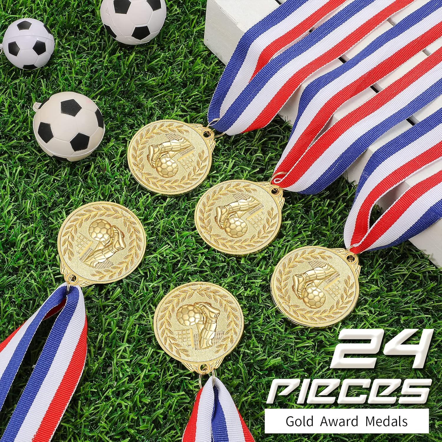 Yinkin 24-Piece Soccer Gold Award Medals Set - Metal Trophies with Red, White & Blue Ribbons for Team Competitions
