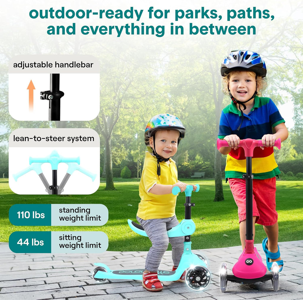 SereneLife 3-Wheel Kids Scooter - Foldable Design, LED Wheel Lights, Adjustable Handlebar | For Toddlers 3+ Up to 110 lbs