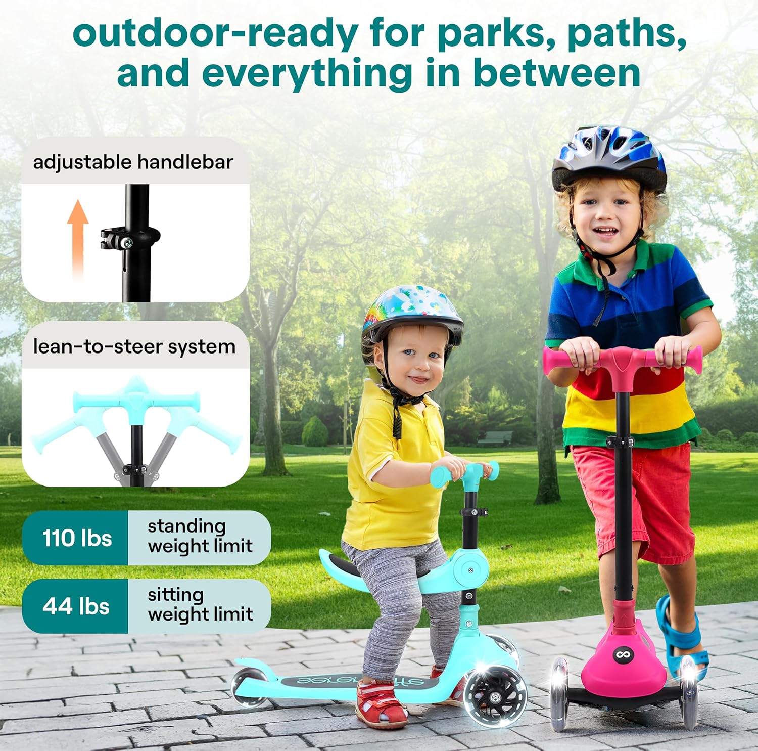 SereneLife 3-Wheel Kids Scooter - Foldable Design, LED Wheel Lights, Adjustable Handlebar | For Toddlers 3+ Up to 110 lbs