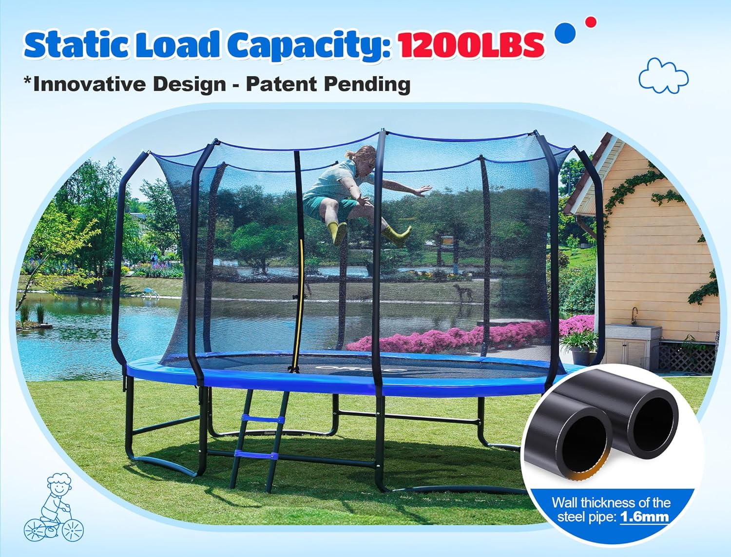 ORCC Oval Outdoor Trampoline - Safe Recreational Gymnastics Trampoline for Kids | Heavy-Duty Steel Frame