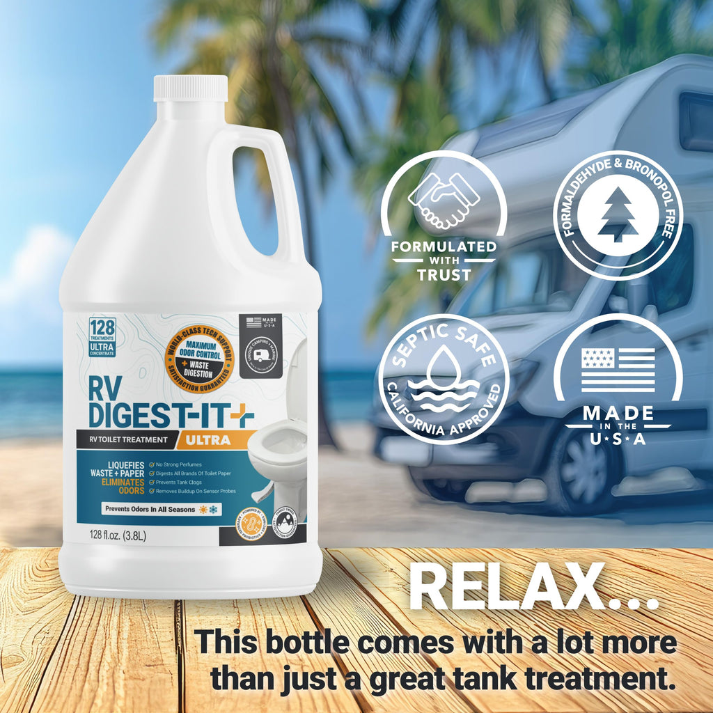 Unique RV Digest-It Ultra RV Toilet Treatment Refill, 128 Uses, Super Concentrated - Eliminates Smells and Liquifies Waste, Easy-Measure Extra-Strength Bio-Enzymatic Holding Tank Treatment (128 oz)
