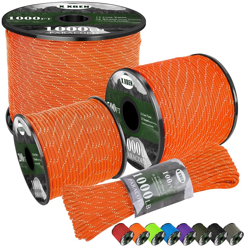 Paracord Reflective 1000lb Heavy Duty 4mm 13 Strand 500ft Orange – 500ft, 4mm, Survival Cord
