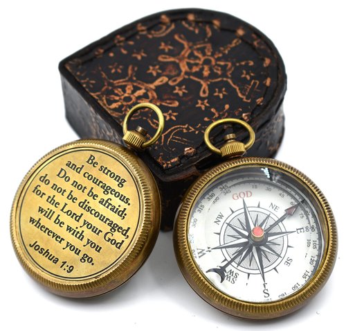 Be Strong and Courageous (Joshua 1:9) Brass Compass with wooden Box-Engraved Scripture Prayer Compass Religious Gift for Men & Women - Baptism, Confirmation, Communion Compass for Boys Graduation Gift