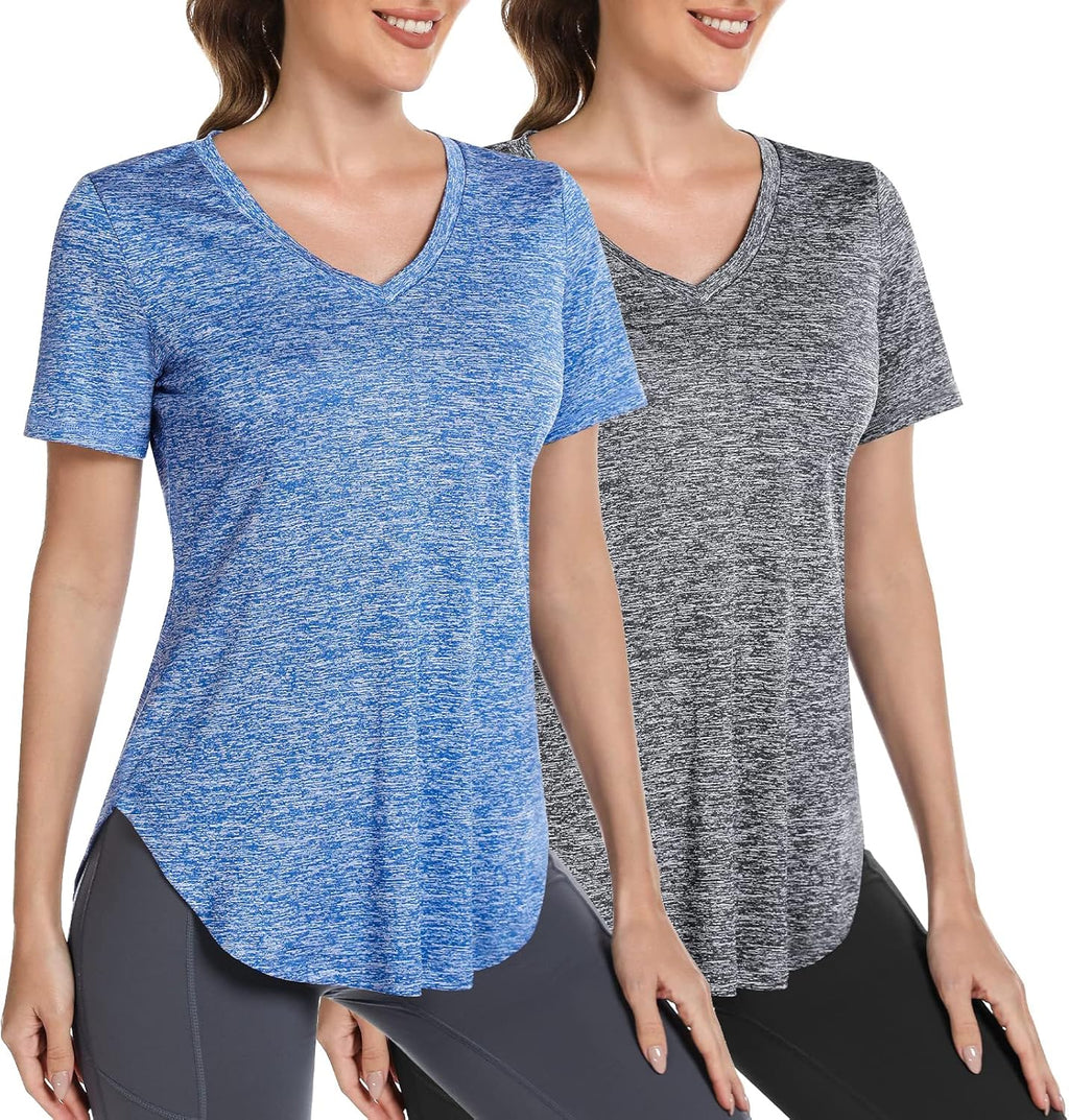 Skiennix Short Sleeve Workout Shirt for Women - Loose Fit V-Neck Exercise Top | Dry Fit Yoga Gym Wear