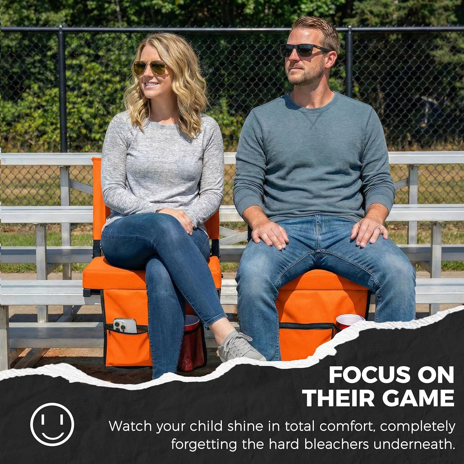Sport Beats Stadium Seats - Padded Bleacher Chair with Back Support & Shoulder Strap | Orange, 1pc Regular - 17"W x 12"D x 16.5"H