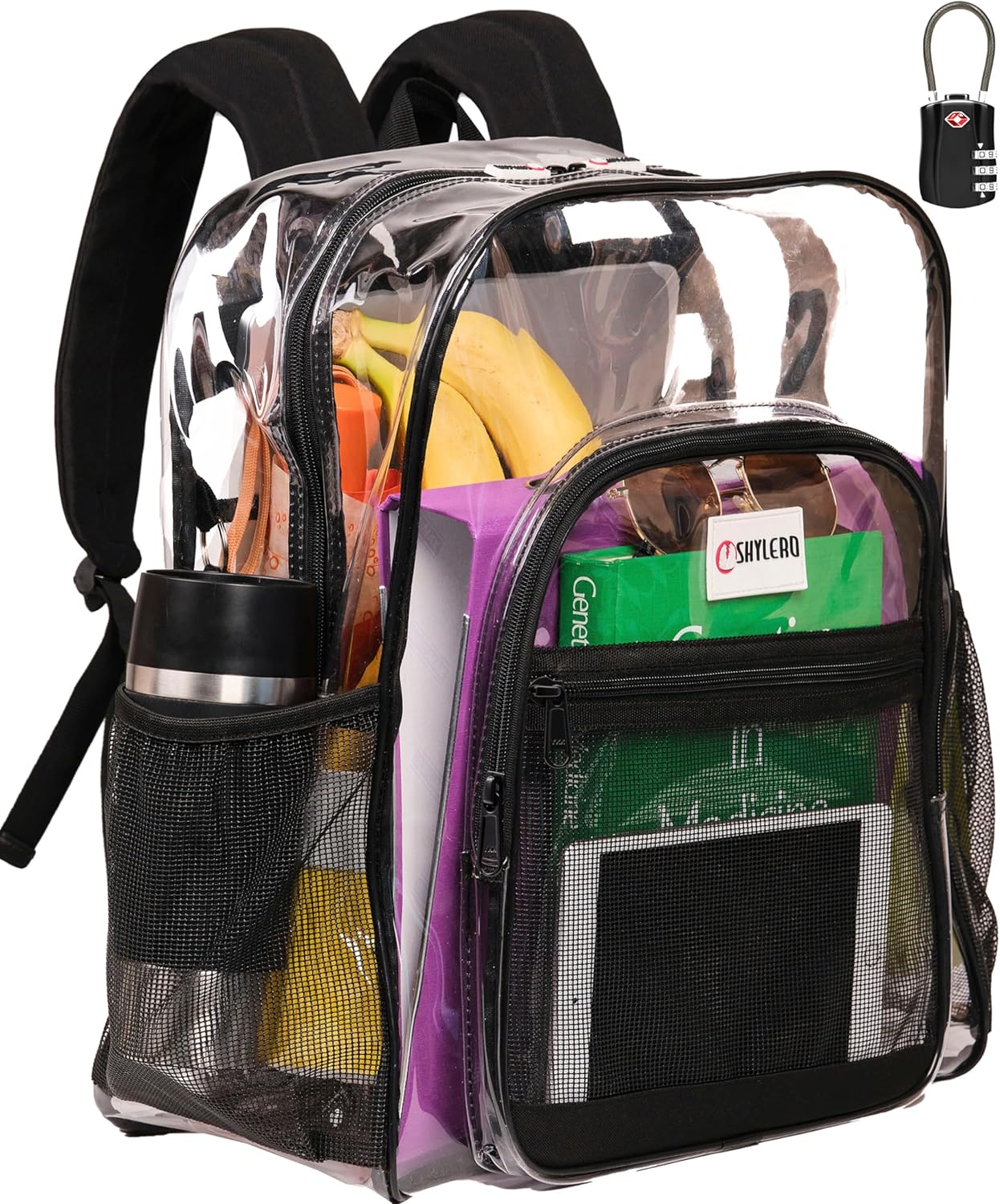 SHYLERO Clear Backpack - Heavy Duty PVC with TSA Lock & 2-Way Zipper | X-Large Black (18''x14''x8'')