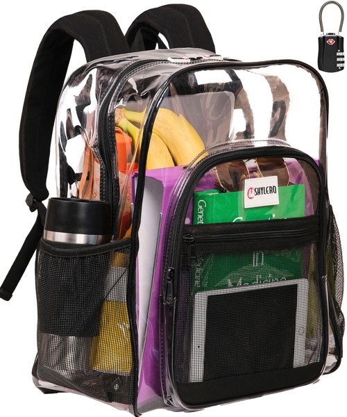 SHYLERO Clear Backpack Heavy Duty has TSA Lock, 2-WAY Zipper. PVC Transparent Backpack X-Large - H18''xW14''xD8 - Black