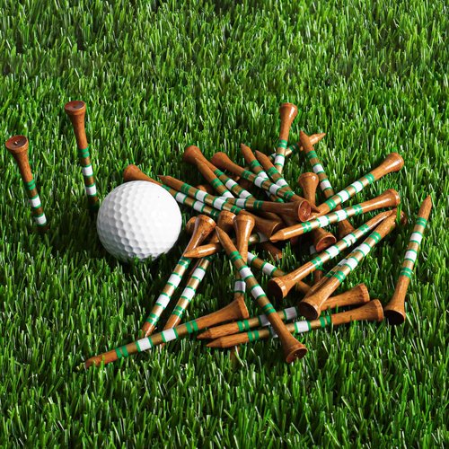 FINGER TEN Golf Tees Wood for Men Wooden Tee 2 3/4 3 1/4 Inch Western Birch Value 100 Pack, Reduce Friction Spin Tall Sturdy Base for Stability Long-Lasting Durability (Brown&Gold&Green, 3 1/4 Inch)