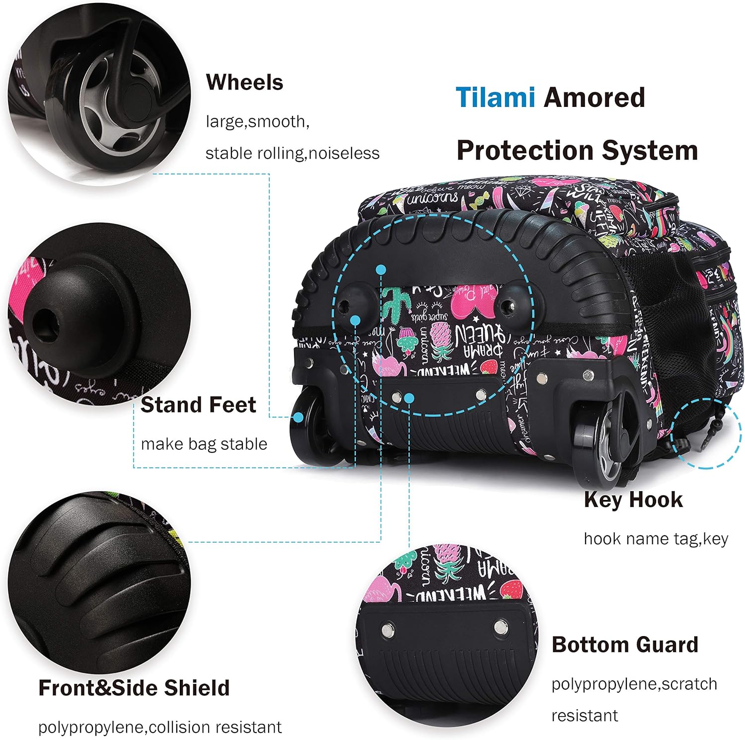Tilami Rolling Backpack - 19 Inch Wheeled Laptop Bag with Lunch Bag | Insulated & Stylish