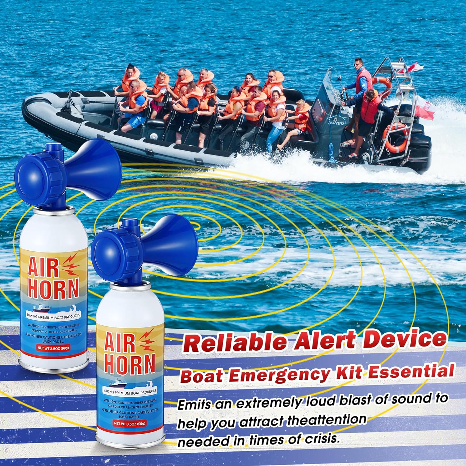 Air Horn 2-Pack - 122dB Loud Marine Safety Horns | Ideal for Boating, Camping & Hiking