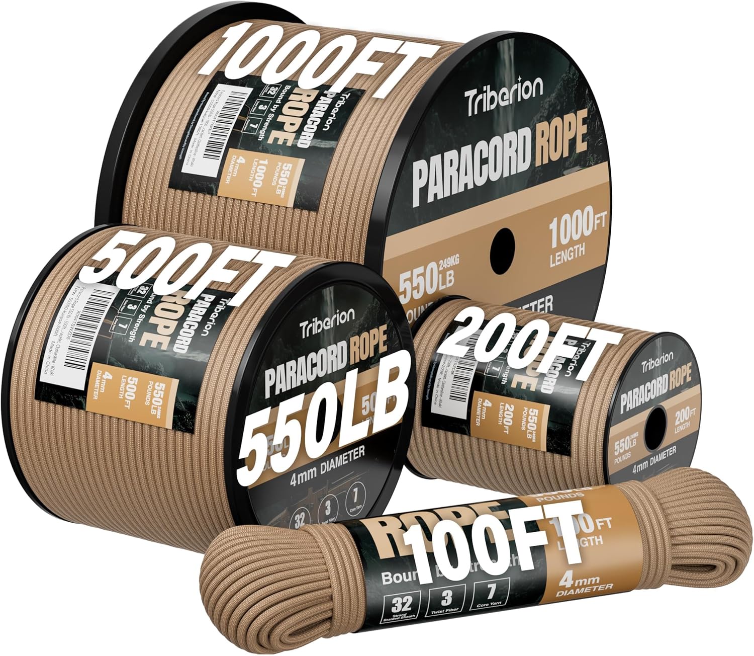 Paracord 550 lb - 200ft Heavy Duty 7-Strand Parachute Cord | Versatile Khaki Survival & Camping Gear
