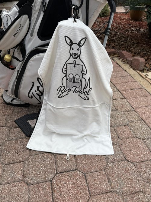 Roo-Towel Golf Towel with Shoe Pouch - Waffle Weave Micro Fiber, S Carabiner Cleans Clubs & Carries Shoes - Perfect Golf Fit