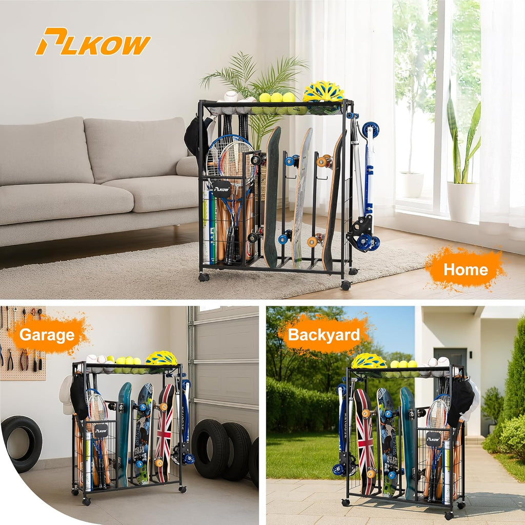 PLKOW Skateboard Storage Rack - Heavy-Duty Organizer with Wheels for Skateboards, Scooters & Gear