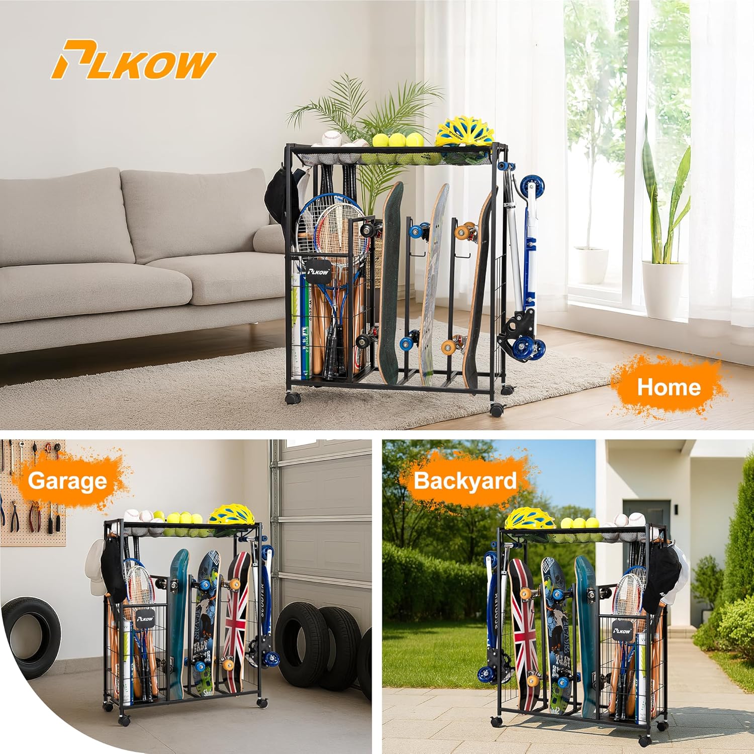 PLKOW Skateboard Storage Rack - Heavy-Duty Organizer with Wheels for Skateboards, Scooters & Gear