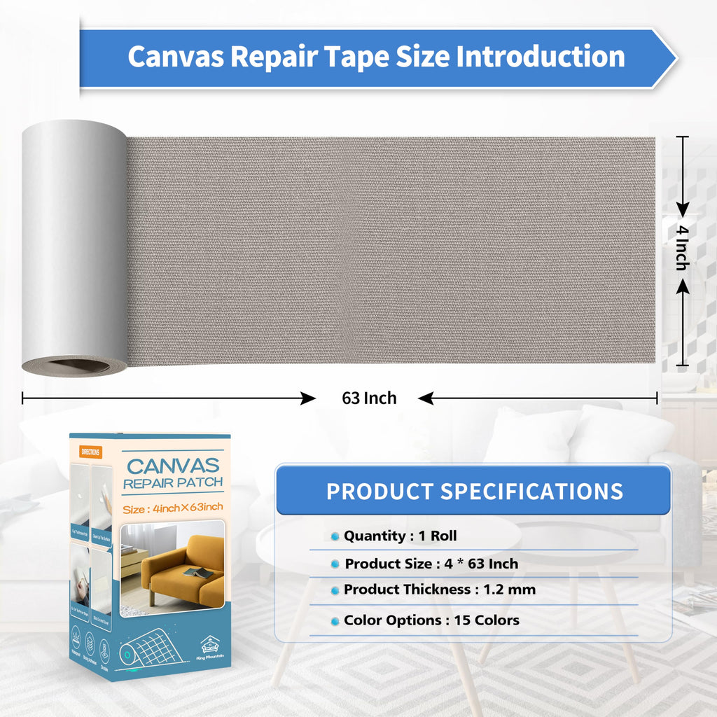 KING MOUNTAIN Canvas Repair Tape,Outdoor Gear Patch, 4×63 Inches,Waterproof,Self-Adhesive for Repairing Boat Covers,Sun Shades,Sofas,Tents,Lounge Chairs,Awnings (Light Grey)
