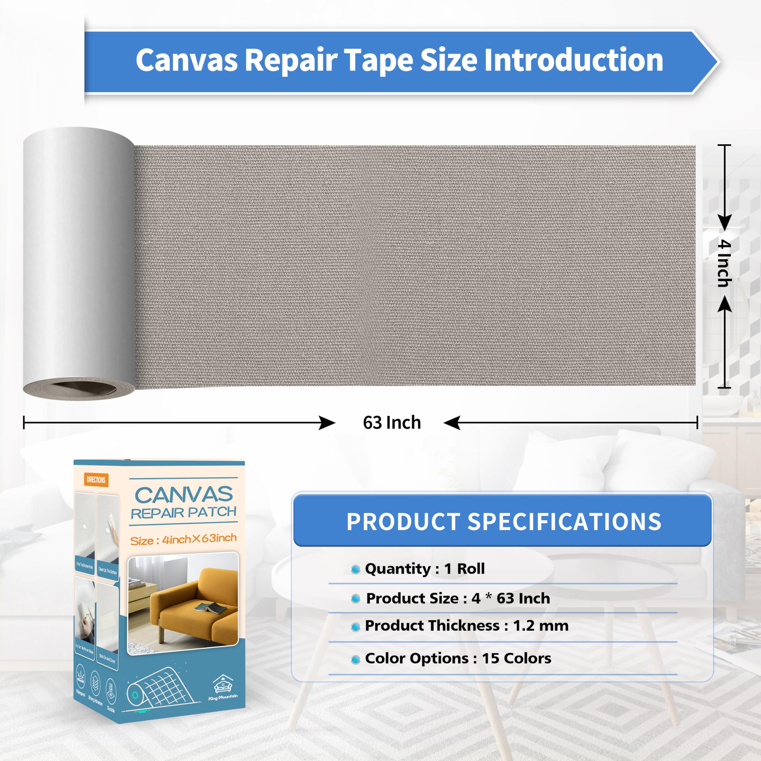 KING MOUNTAIN Canvas Repair Tape,Outdoor Gear Patch, 4×63 Inches,Waterproof,Self-Adhesive for Repairing Boat Covers,Sun Shades,Sofas,Tents,Lounge Chairs,Awnings (Light Grey)