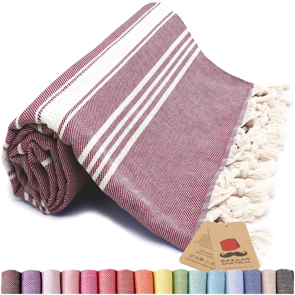 Bazaar Anatolia Turkish Beach Towel – 100% Cotton, Quick Dry, Sand Free Towel for Bathroom, Camping, Travel, Burgundy – Oversized 71x39 Inches – Stripe Maroon