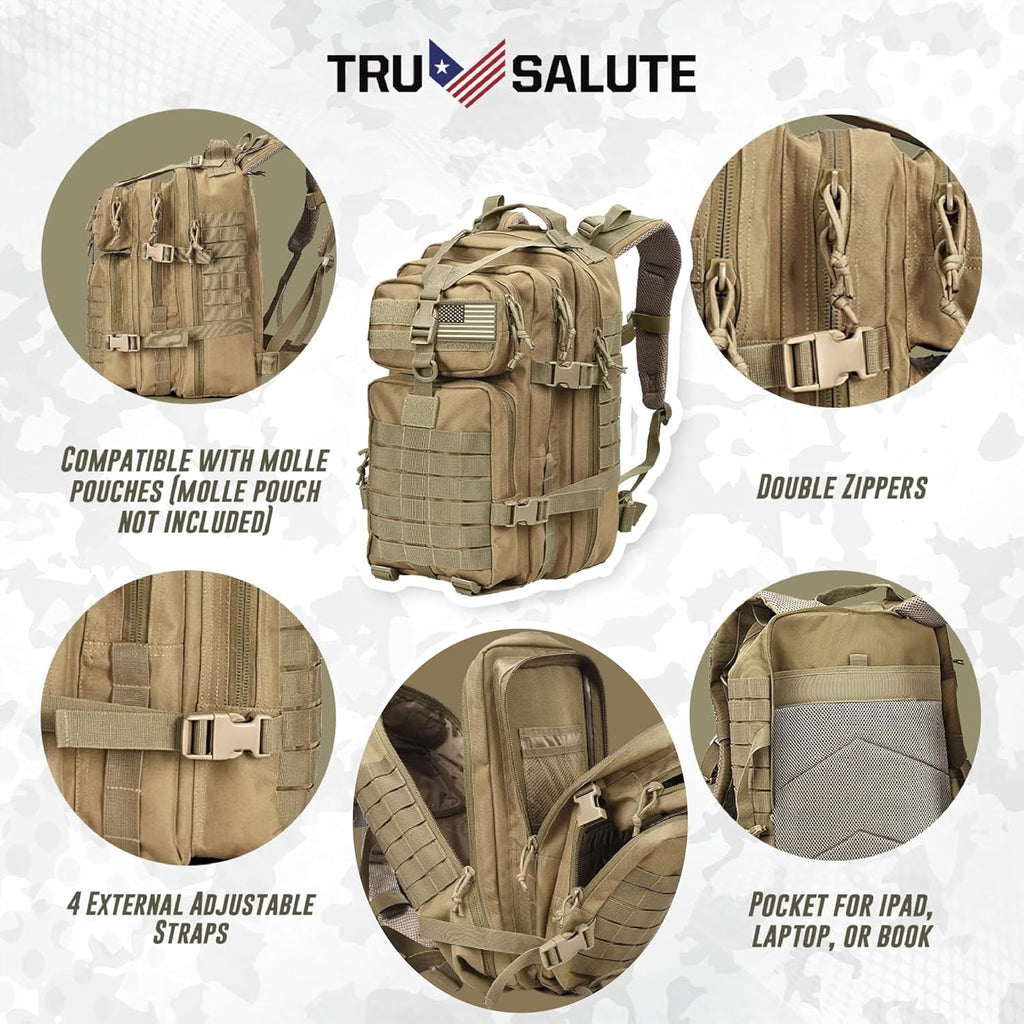 Tru Salute 45L Military Tactical Backpack - Large Army Assault Pack | Molle Bug Out Bag (Tan)