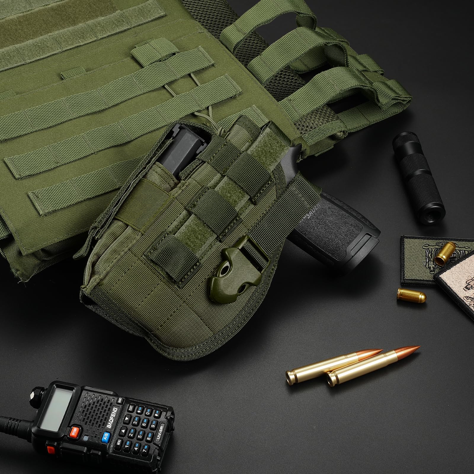 Tactical Molle Belt Gun Holster, Universal Adjustable Pistol Holsters with Mag Pouch Fits S&W M&P Shield M1911 Glock 17 26 42 (Army Green - Left Hand)