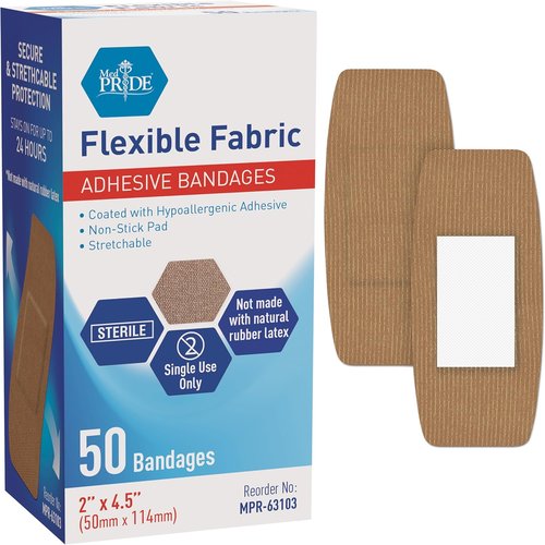 MED PRIDE Hypoallergenic Fabric Adhesive Bandages - Sterile, Latex-Free, Flexible & Breathable (2” x 4.5'' - 50 Count)