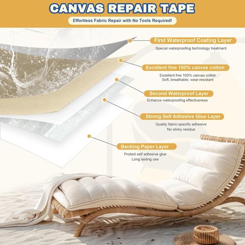 Canvas Repair Tape - 3.2 x 63 Inch Waterproof Heavy Duty Fabric Tape for Furniture & Outdoor Use | Khaki