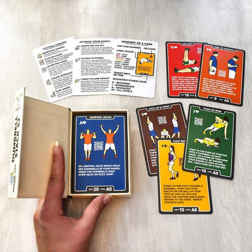 Stack 52 Dumbbell Exercise Cards. Workout Playing Card Game. Video Instructions Included. Perfect for Training with Adjustable Free Weight Sets and Home Gym Fitness. (2019 Base Deck)