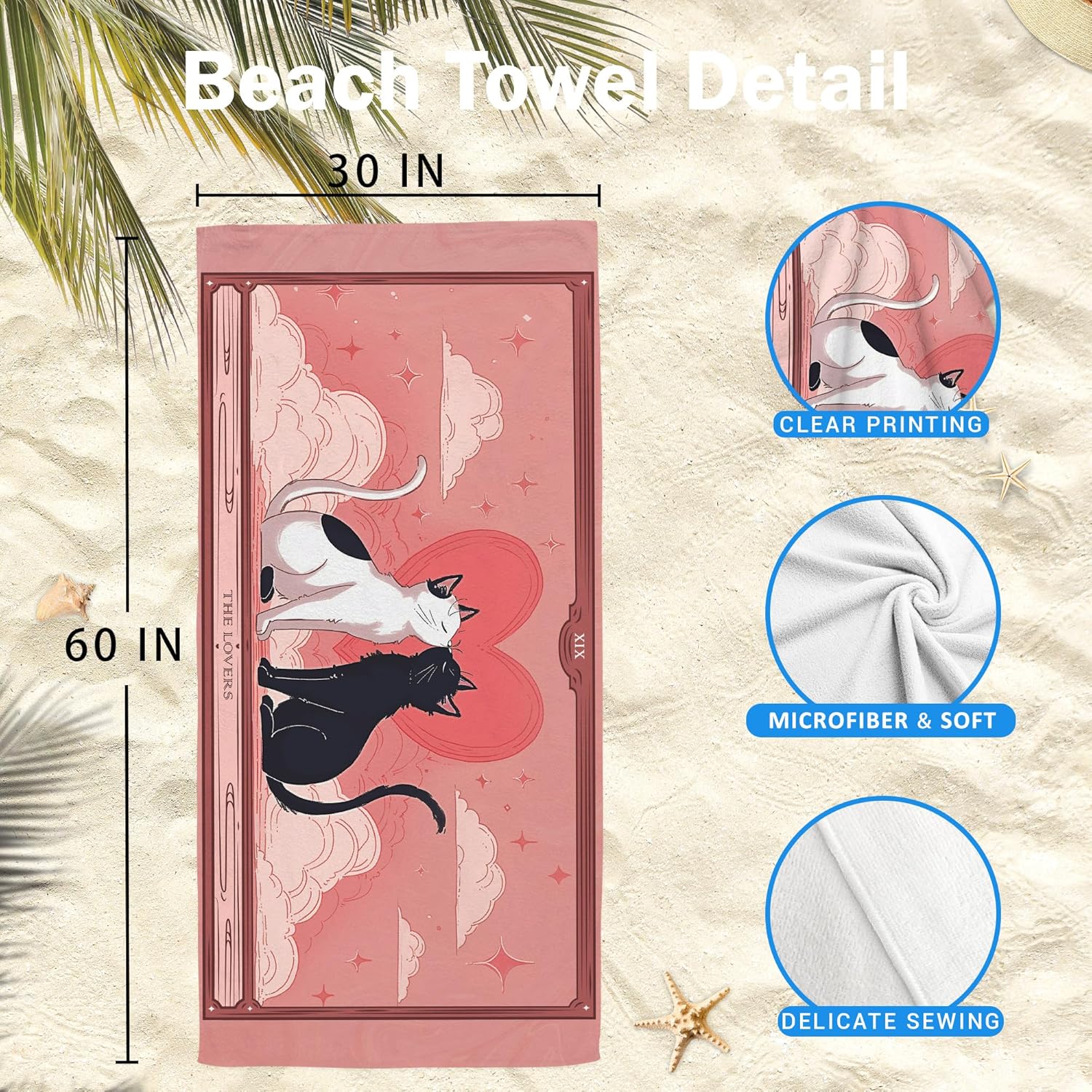 Pink Cat Valentine Beach Towel - Oversized Quick Dry Sand-Free Travel Towel | Perfect Gift for Women & Girls 30x60in