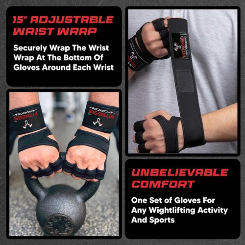 Fitness Force Ventilated Weightlifting Gloves - Fingerless Gym Gloves with Wrist Wraps for Men & Women
