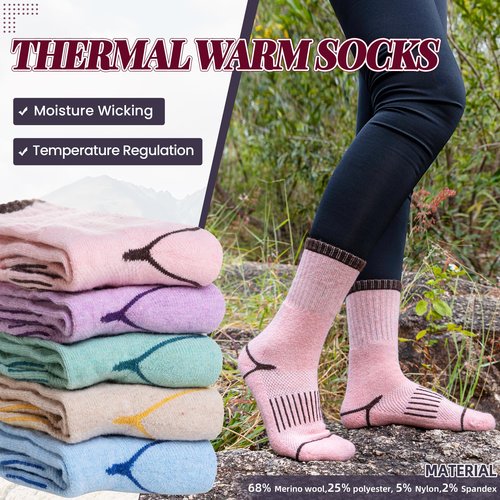 AMENLAN Women Merino Wool Hiking Socks Winter Thermal Boot Thick Warm Work Socks 5 Pairs (Purple Pink Green,Medium)