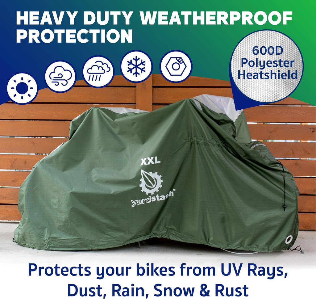 YardStash Bike Cover - XXL Waterproof & Weatherproof Bicycle Storage Solution | Reflective Green Tarp for Bikes, Trikes & E-Bikes