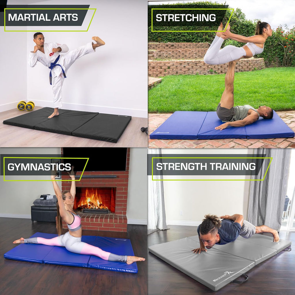 ProsourceFit Tri-Fold Exercise Mat - Thick 6’x4’ with Carrying Handles for Tumbling & Gymnastics