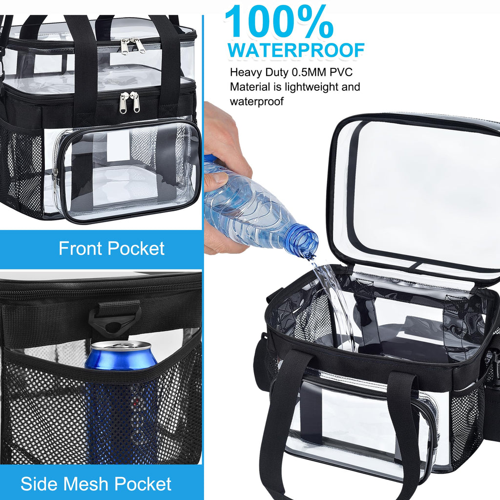Jeluno Clear Lunch Bag - Large Clear Lunch Bag for Work Double-Deck Reusable Lunch Bag with Adjustable Strap, Front Pocket and Top Compartment for Picnic, Beach, Work, School（2-3 People Use）