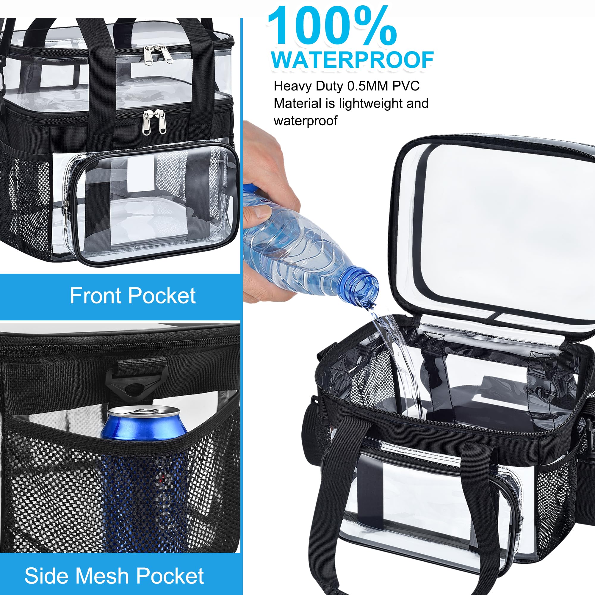 Jeluno Clear Lunch Bag - Large Clear Lunch Bag for Work Double-Deck Reusable Lunch Bag with Adjustable Strap, Front Pocket and Top Compartment for Picnic, Beach, Work, School（2-3 People Use）