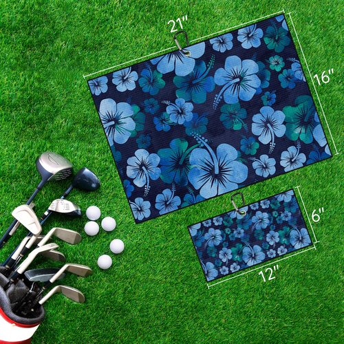 BEITUOLA Tropical Floral Golf Towel 2 Packs Blue Hibiscus Flowers Golf Towels for Golf Bags Men Women Hawaiian Plants Microfiber Waffle Towel with Clip Funny Gift Accessories
